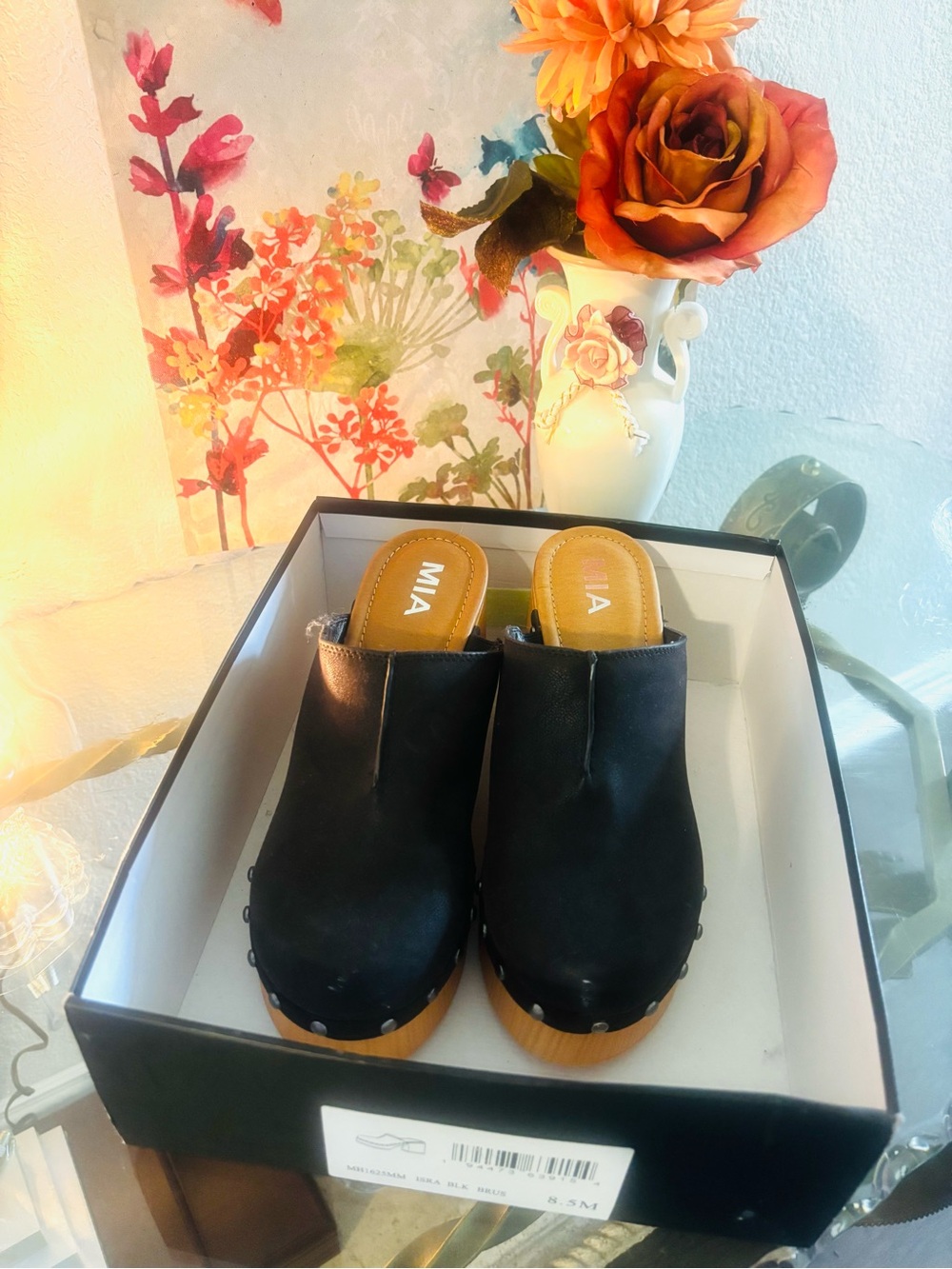 New MIA Black Leather Slide Clogs with Wood-Tone Platform